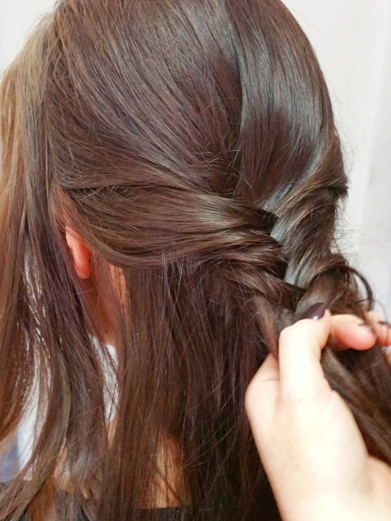 Fishtail-braid back section for a few inches. Fishtail-braid back section for a few inches.