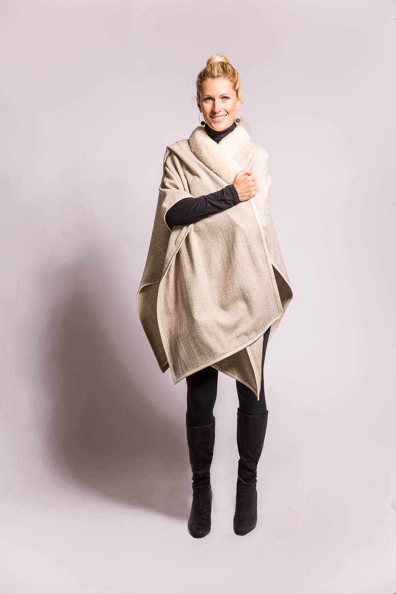Cape in silver herringbone with shearling and leather trim | Image: Gum Tree Farm