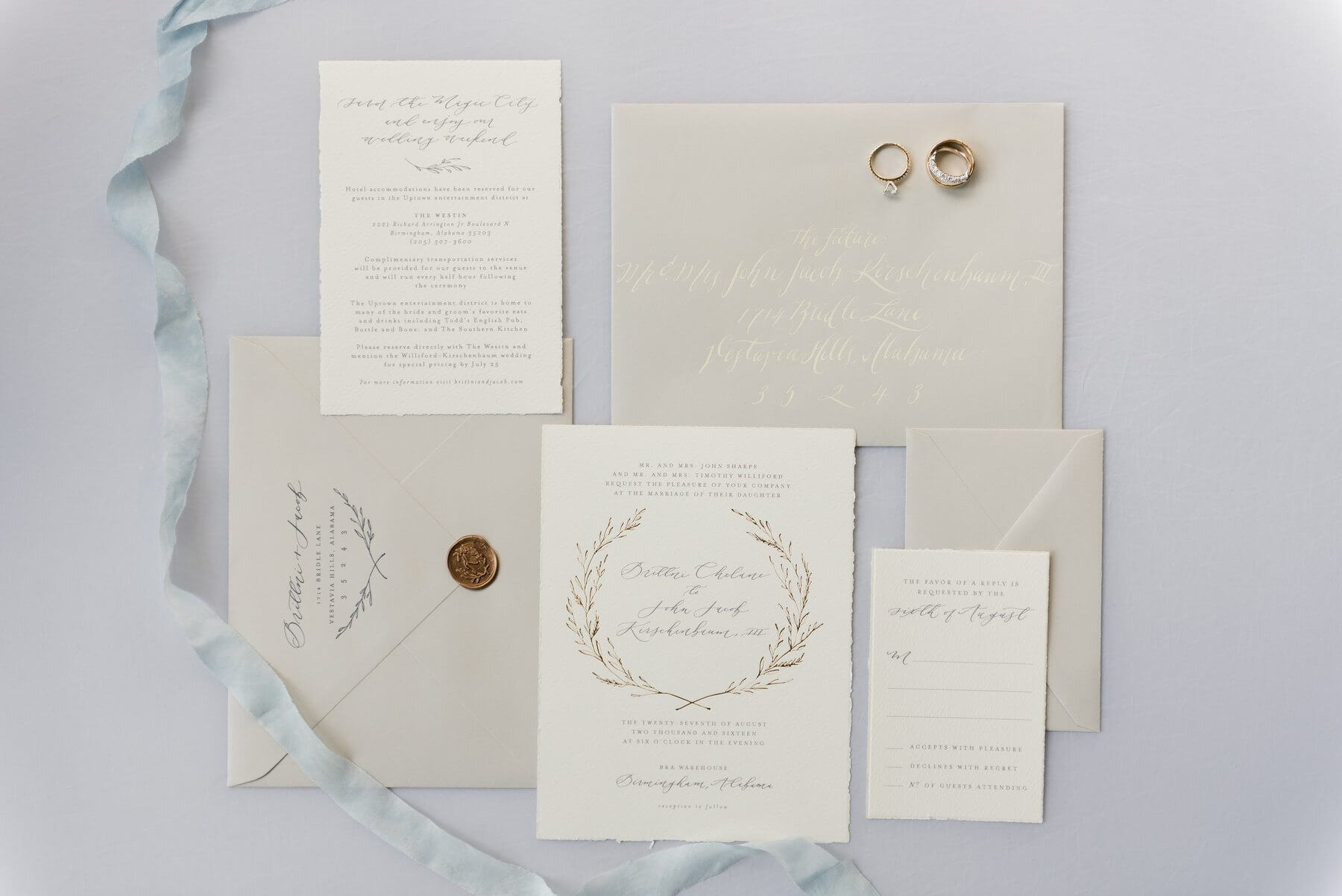 We are obsessed with this gorgeous wedding paper suite by Linen & Leaf, complete with a classic wax seal. The blue silk ribbon by Silk & Willow was wrapped around the bride’s bouquet for her “something blue” and is one of her favorite keepsakes from the wedding!