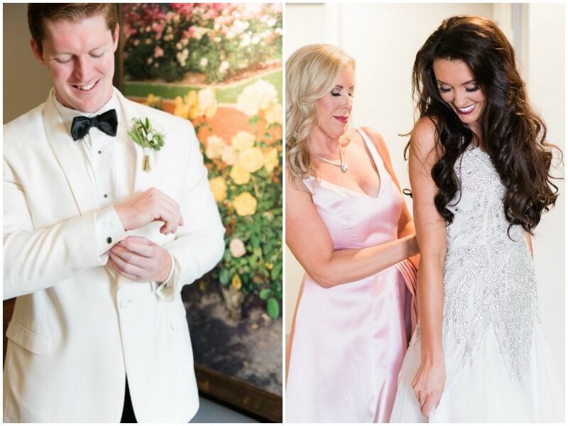 The bride and groom put on their finishing touches before seeing each other for the first time on their wedding day.