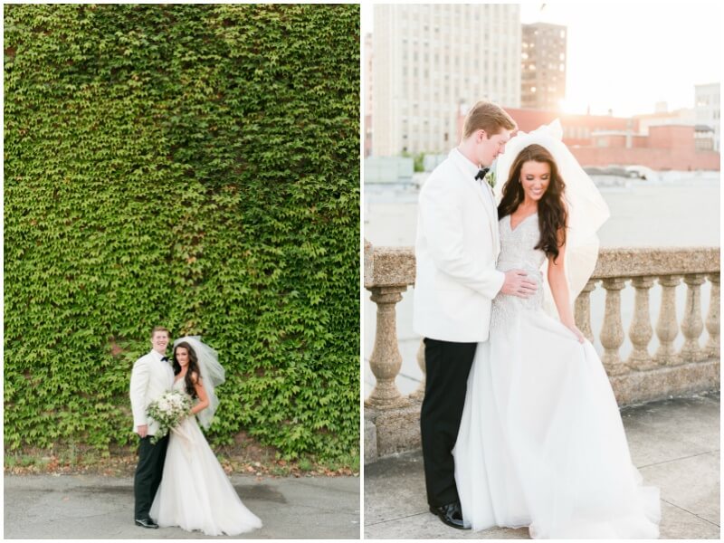 Following the ceremony, the bride and groom stole away for some golden-hour portraits in downtown Birmingham while their guests enjoyed delightful appetizers and drinks during a cocktail hour.