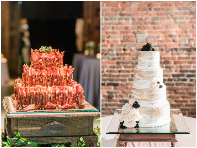 This elegant wedding cake is every bride’s dream, and the bacon-centric groom’s cake was perfect for Jacob and any other like-minded bacon lover. “My cake was white chocolate buttercream with blackberry and white chocolate filling. I’m from Tennessee and have always loved fresh blackberries,” Brittni says. “Jacob loves bacon, so his cake was maple cake with maple buttercream and bacon. I wanted to do something he would really like and avoid the clichéd Southern football-themed groom’s cake.”
