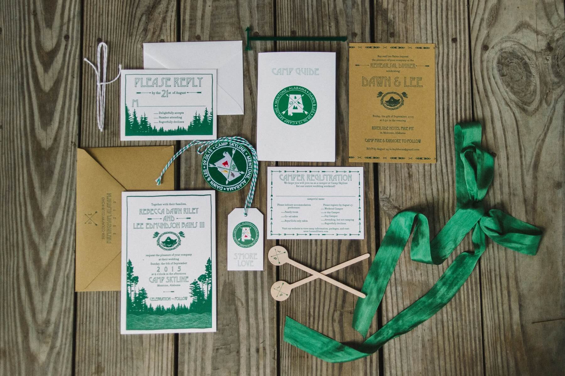 Dawn and her mother-in-law worked with Mary Baugh at Mariée Ami to create the ultimate invitation suite with a variety of clever coordinating touches. From the invitations to the “camper registration,” the drink picks to the commemorative patches, every detail was absolutely perfect.