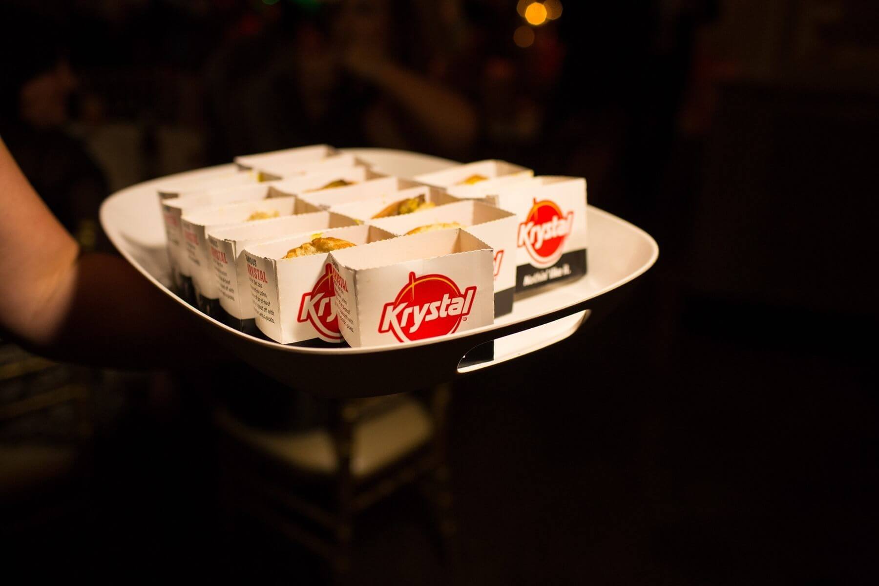 Towards the end of the evening, hot Krystal burgers on platters were served to dance-weary guests.