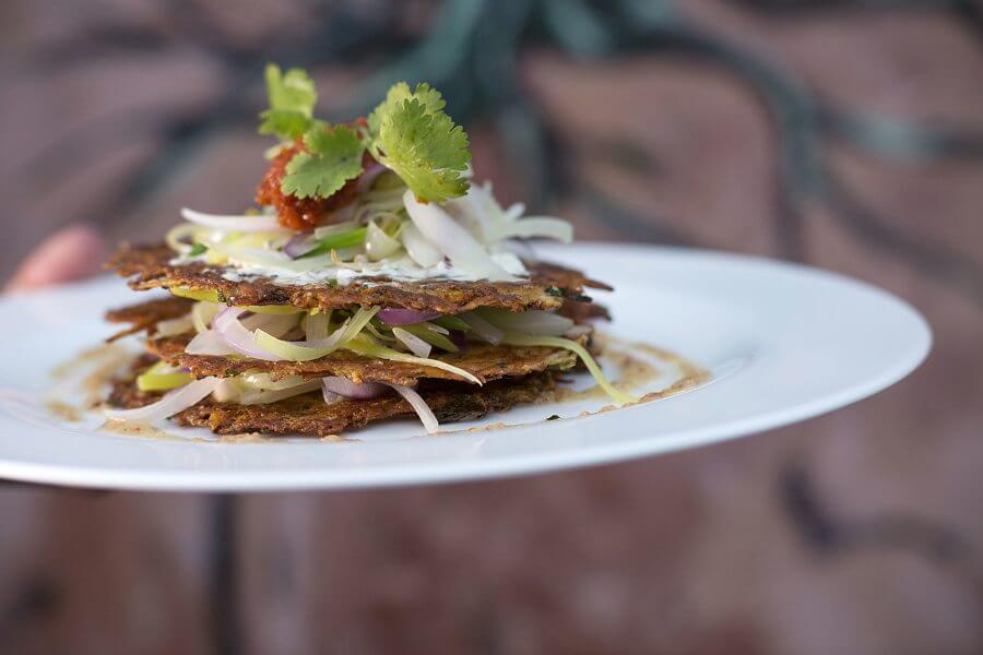 Last Resort in Athens ga offers layered crispy potato pancakes with veggies