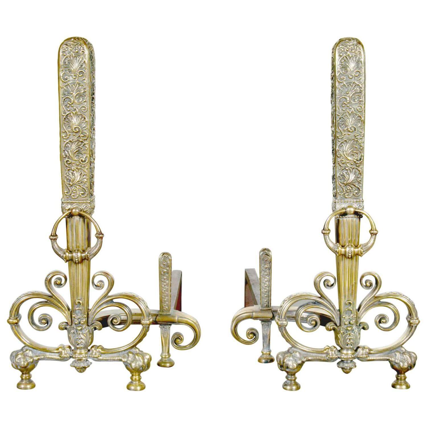 Fine pair of brass and wrought iron andirons, attributed to Tiffany Studios, $34,750 | Image: Lolo French Antiques et More