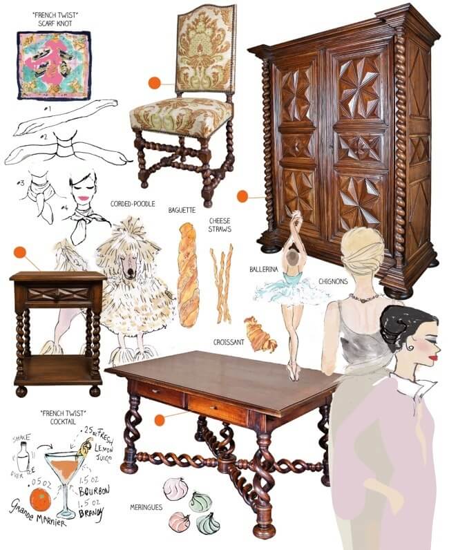 With so many beautiful pieces constantly on rotation in the store it is difficult to settle on a favorite, but one stands out in Mimi’s mind: “One of my favorite pieces was a rare and exquisite Louis XIII-style open torsade (barley twist) writing table from the Burgundy region of France. Only the highest quality pieces have the barley twist “X” stretcher, and the open torsade of the legs is not only rare and unusual because of the difficulty of execution, but also for the weightless appearance conveyed by the graceful spirals as they appear from the base and then disappear into the top.” Pictured here, Nan Richard's illustrations offer a playful and lighthearted tutorial on this furniture style. Illustrations: Nan Richards | Image: Lolo French Antiques et More