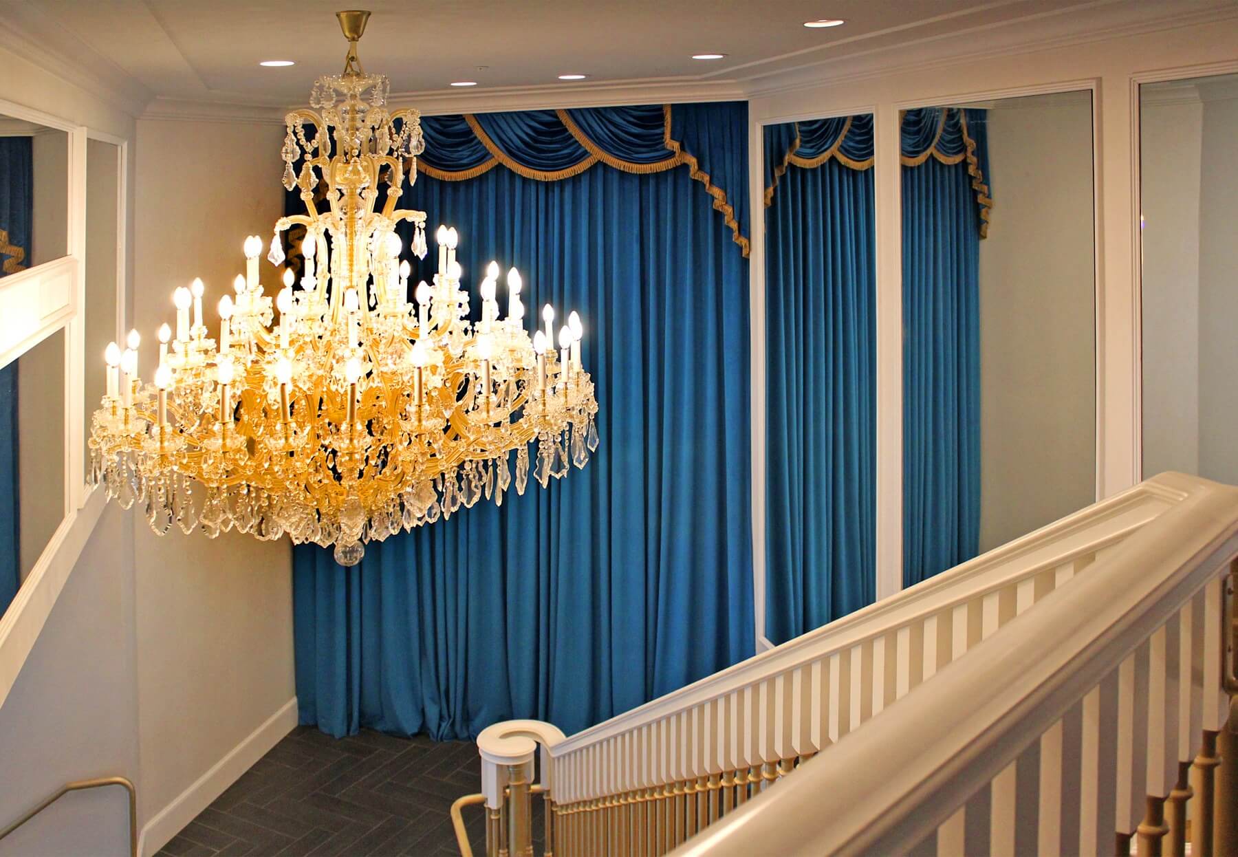 A prime photo op, this staircase is modeled after the one at Graceland and features a chandelier that was originally purchased for the mansion. The fixture was too large for the mansion entryway and was in storage until installed at the Guest House decades later.