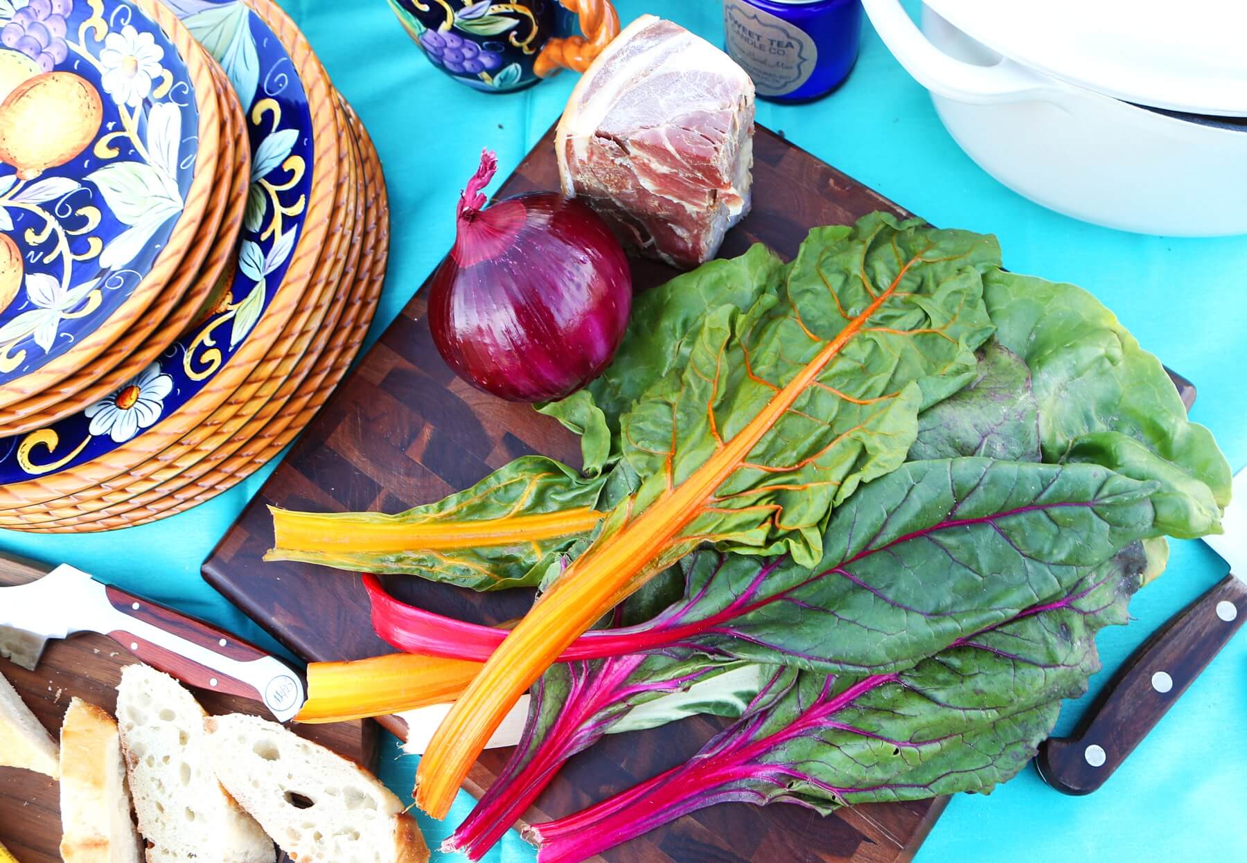 Bring the bright colors of spring into your picnic with plates, napkins and produce.