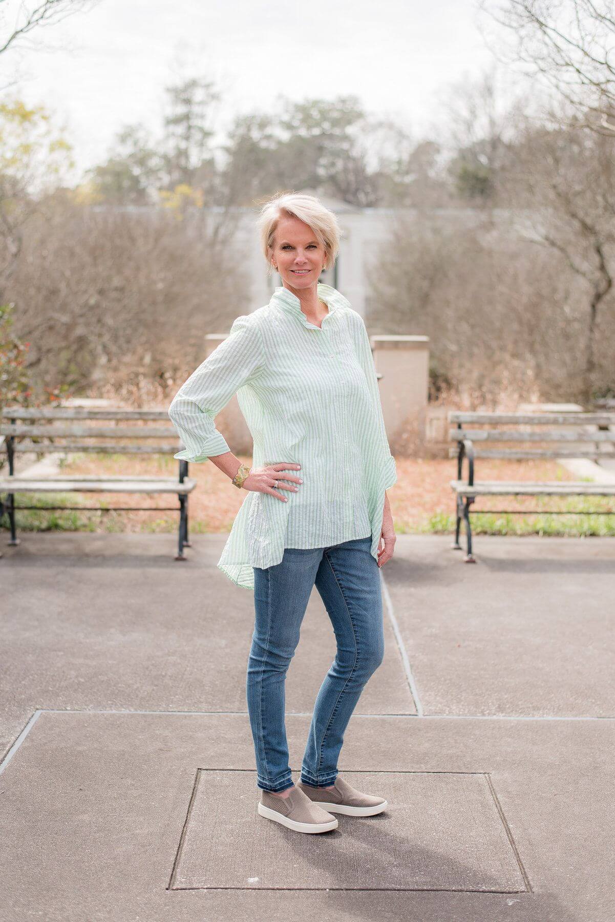 From Town and Country Clothes: Habitat limeade stripe blouse, $98; JAG jean $92.