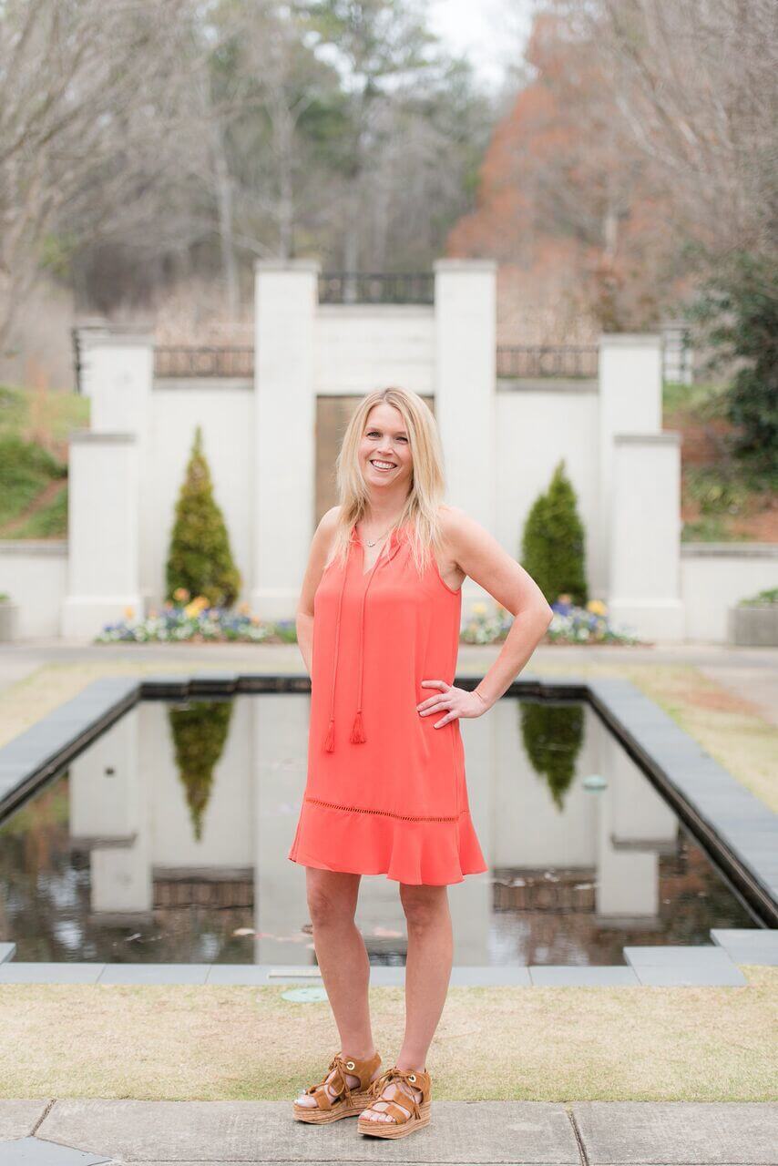 From Monkees of Mountain Brook: Coral sundress, $98, Brigette lace-up wedges, $195. 