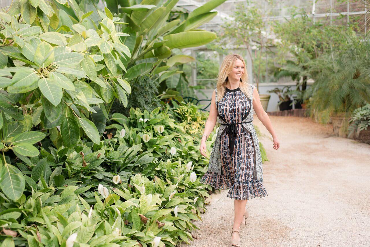 From Monkees of Mountain Brook: BCBG Printed dress, $368; Eileen Fisher lace-up heels in Earth, $235.