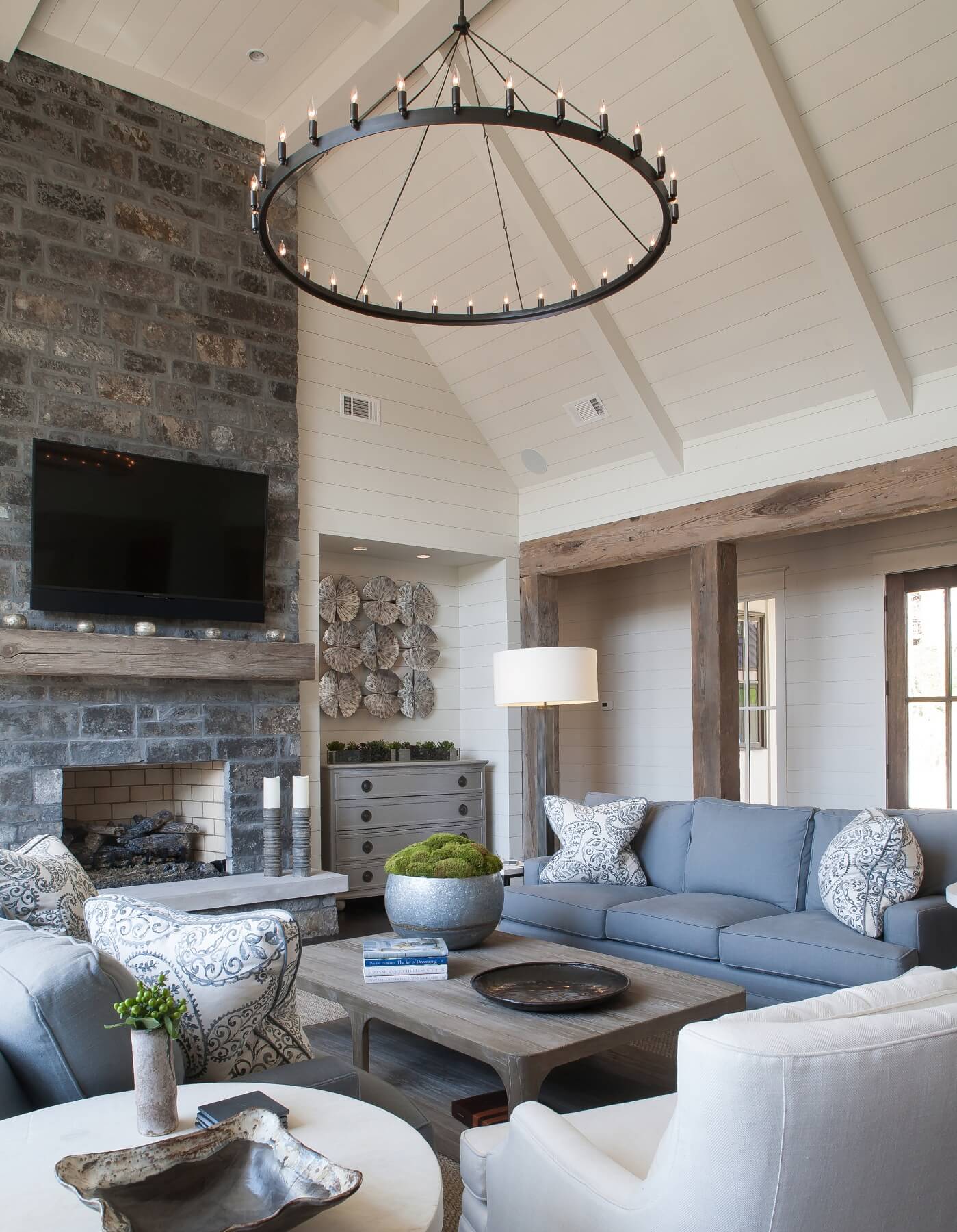 Cool grays, blues and whites comprise the calming color palette of the home.