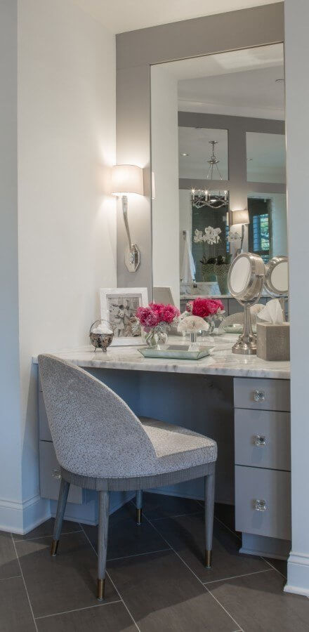 The color palette, finishes and accessories were each chosen to evoke the room’s serene and restful yet glamorous vibe.