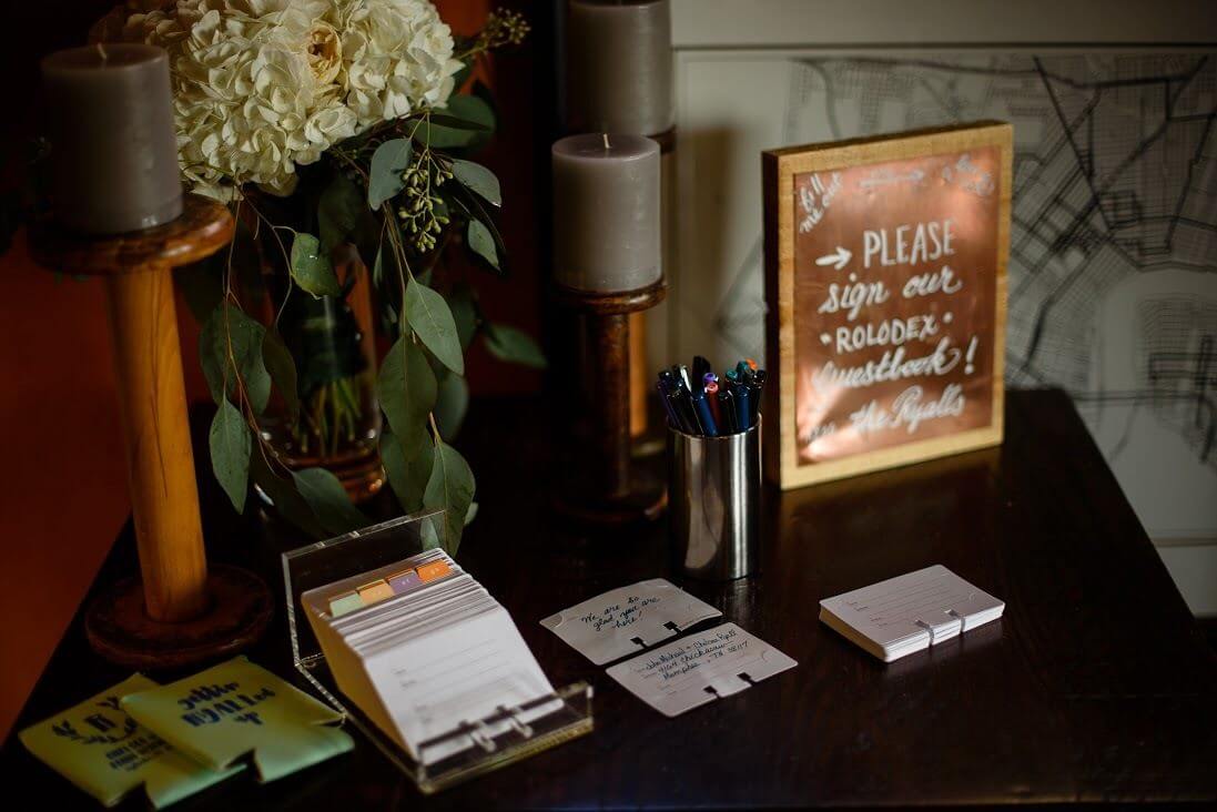Clever and old school, rolodex cards were provided for guests to sign instead of a traditional guestbook. 