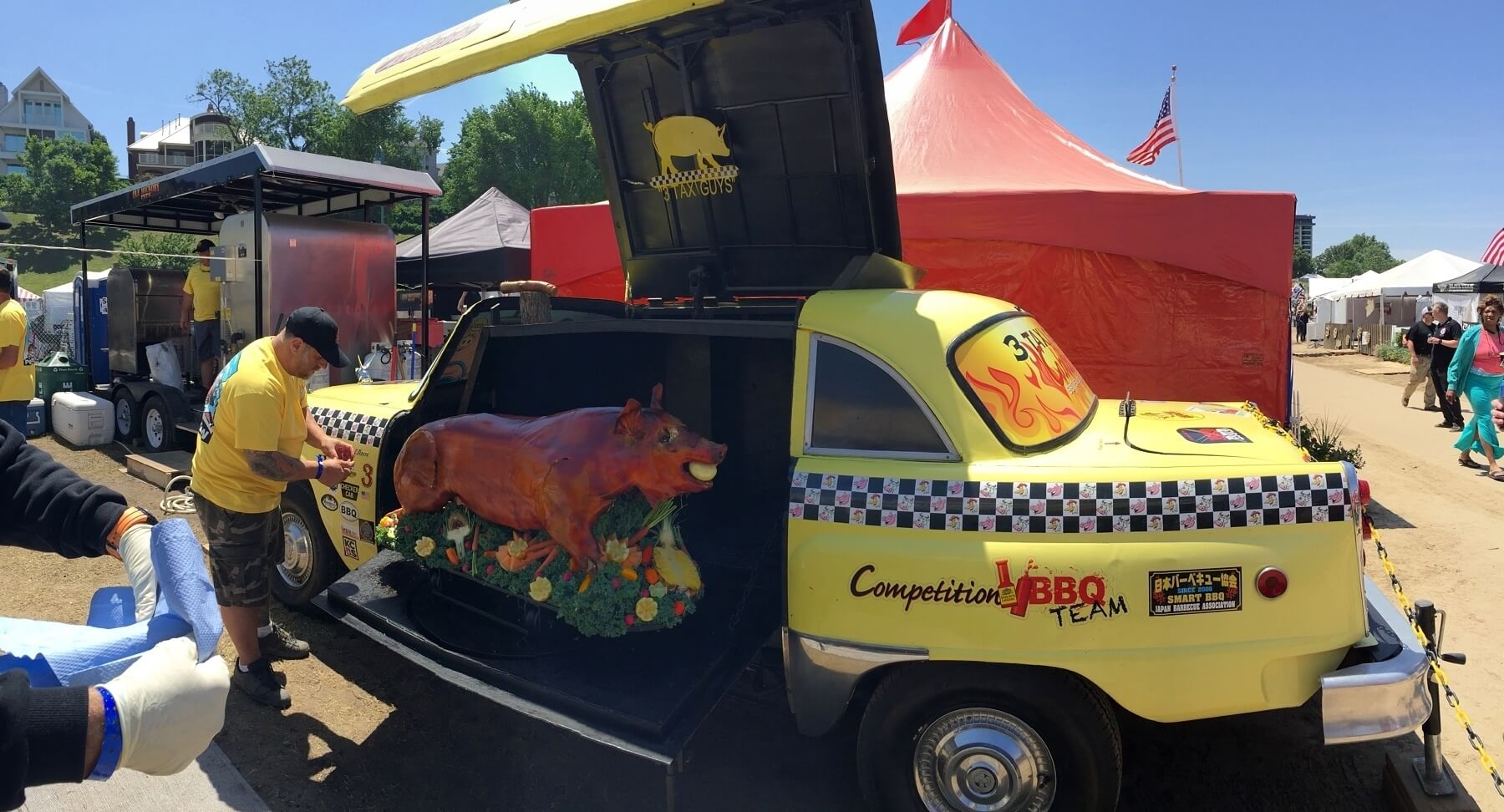 No telling what a WCBCC team might make their smoker out of! The competition team 3 Taxi Guys placed theirs in a taxi! No telling what a WCBCC team might make their smoker out of! The competition team 3 Taxi Guys placed theirs in a taxi!