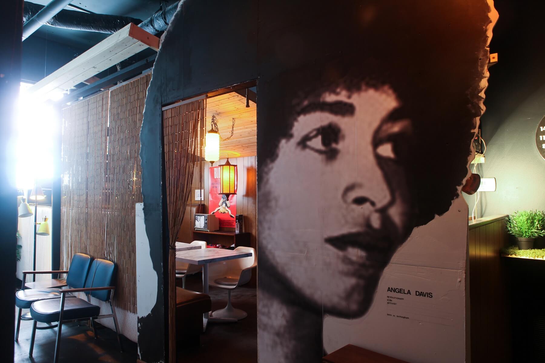 When Feizal discovered that the famed political activist, academic, and author Angela Davis was a Birmingham native, and especially when he discovered this fabulous image of her, he immediately knew he wanted an oversized version for The Atomic. When Feizal discovered that the famed political activist, academic, and author Angela Davis was a Birmingham native, and especially when he discovered this fabulous image of her, he immediately knew he wanted an oversized version for The Atomic.