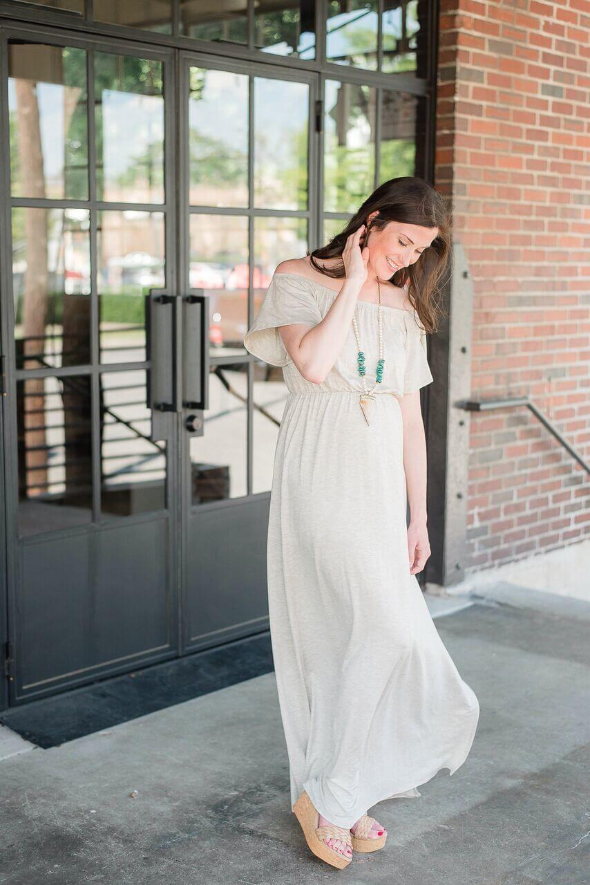 From The Swanky Stork: Oatmeal maxi dress, $49; Turquoise arrow necklace, $44. From The Swanky Stork: Oatmeal maxi dress, $49; Turquoise arrow necklace, $44.