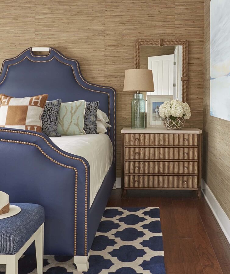 The regal master bed is from Kristin’s own furniture line, and wears faux-leather. The rustic-looking side chests are by https://www.universalfurniture.com/. Not afraid to mix high and low, Kristin adds, “The lamps are actually from https://www.lowes.com/.”