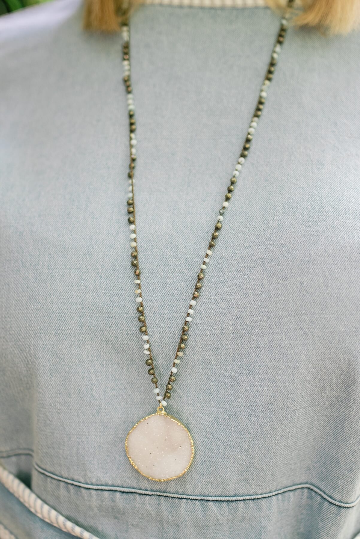 From Manhattan South: Native Gem White Druzy on Handcrochet 32" Silk Necklace, $195. 