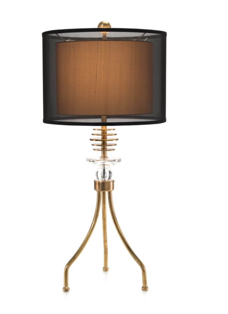 The futuristic 'Galaxy Table Lamp,' which features a double shade in black sheer nylon, is based on the mechanical parts in machinery and engines. Image: The John Richard Collection The futuristic 'Galaxy Table Lamp,' which features a double shade in black sheer nylon, is based on the mechanical parts in machinery and engines. Image: The John Richard Collection