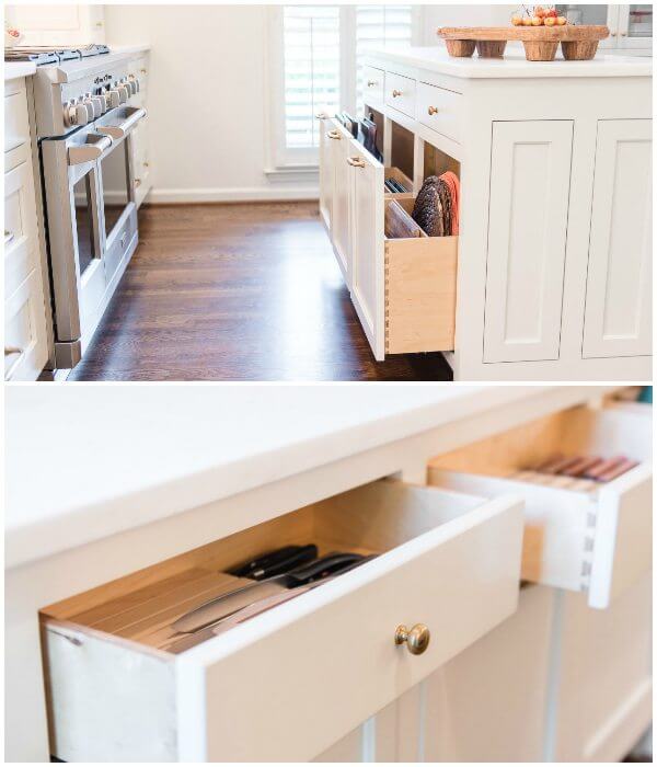 Ashley brought the idea for the knife-block drawers to custom-cabinet makers, Bud's Cabinets, and they parried with the clever idea of the vertical sheet pan and cutting board drawers in the island.
