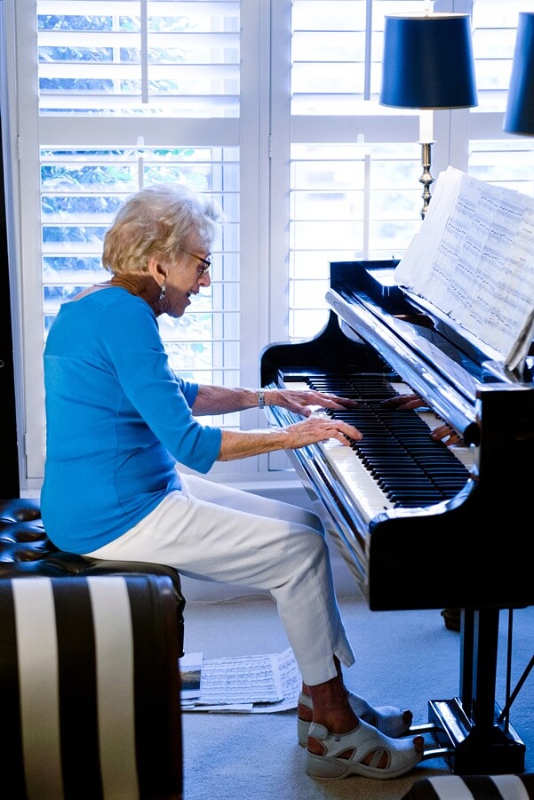 Despite some arthritis in her hands, Harriette still performs piano concerts and practices three times a day. Harriette Thompson