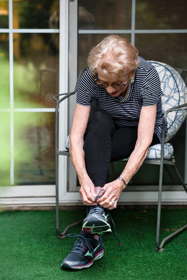 Harriette laces up and runs two miles every day around the lake in her retirement community. Harriette laces up and runs two miles every day around the lake in her retirement community.