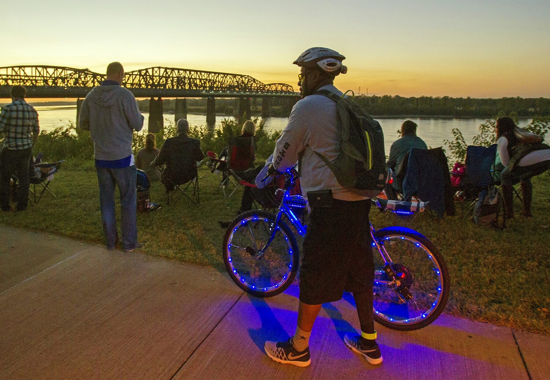 A biker's ride is outfitted in lights, perfect for riding through the night! A biker's ride is outfitted in lights, perfect for riding through the night!