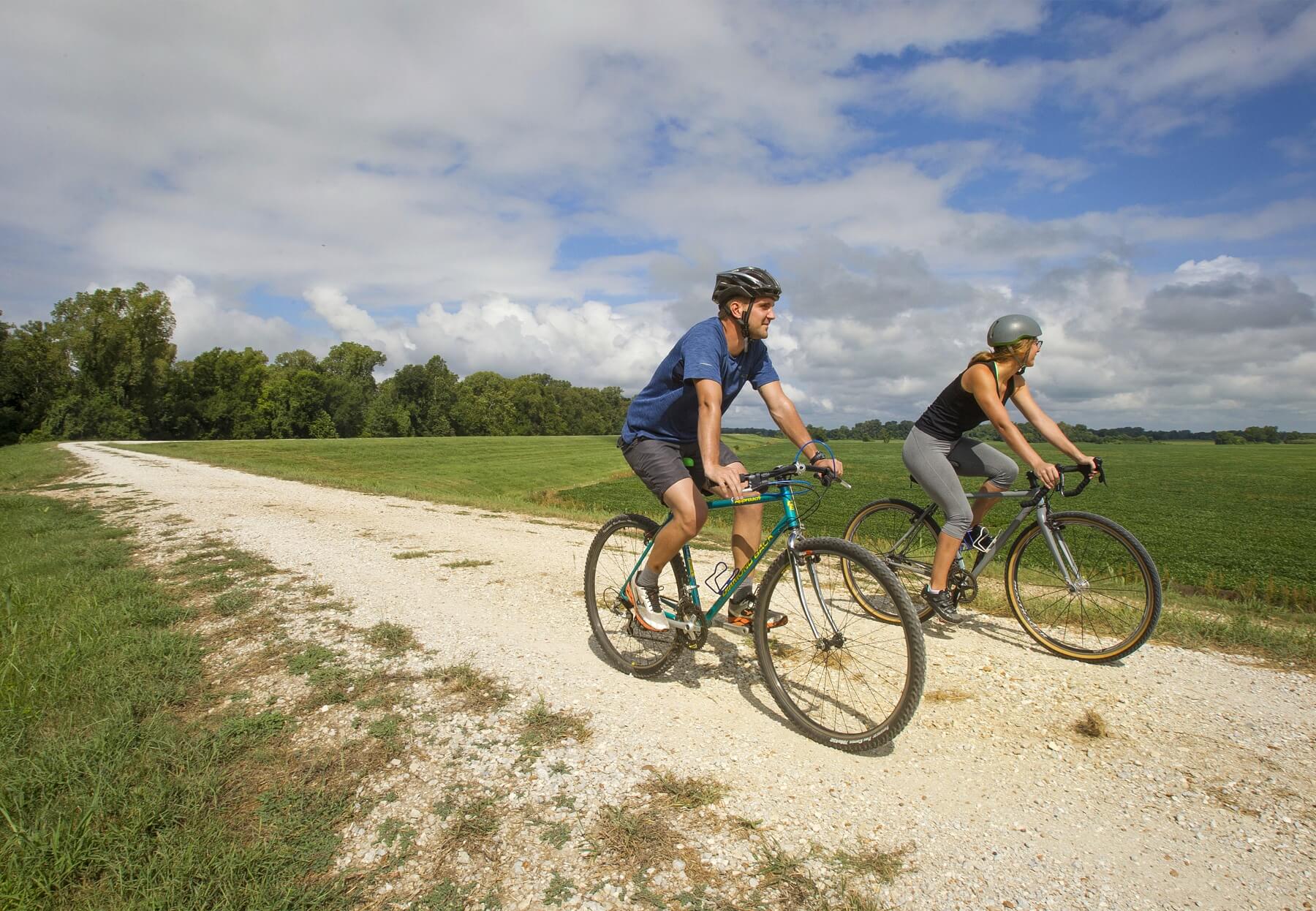 A couple rolls along the Big River Trail, the 70-mile path along the river levees that extends from Marion to Marianna, Arkansas. A couple rolls along the Big River Trail, the 70-mile path along the river levees that extends from Marion to Marianna, Arkansas.