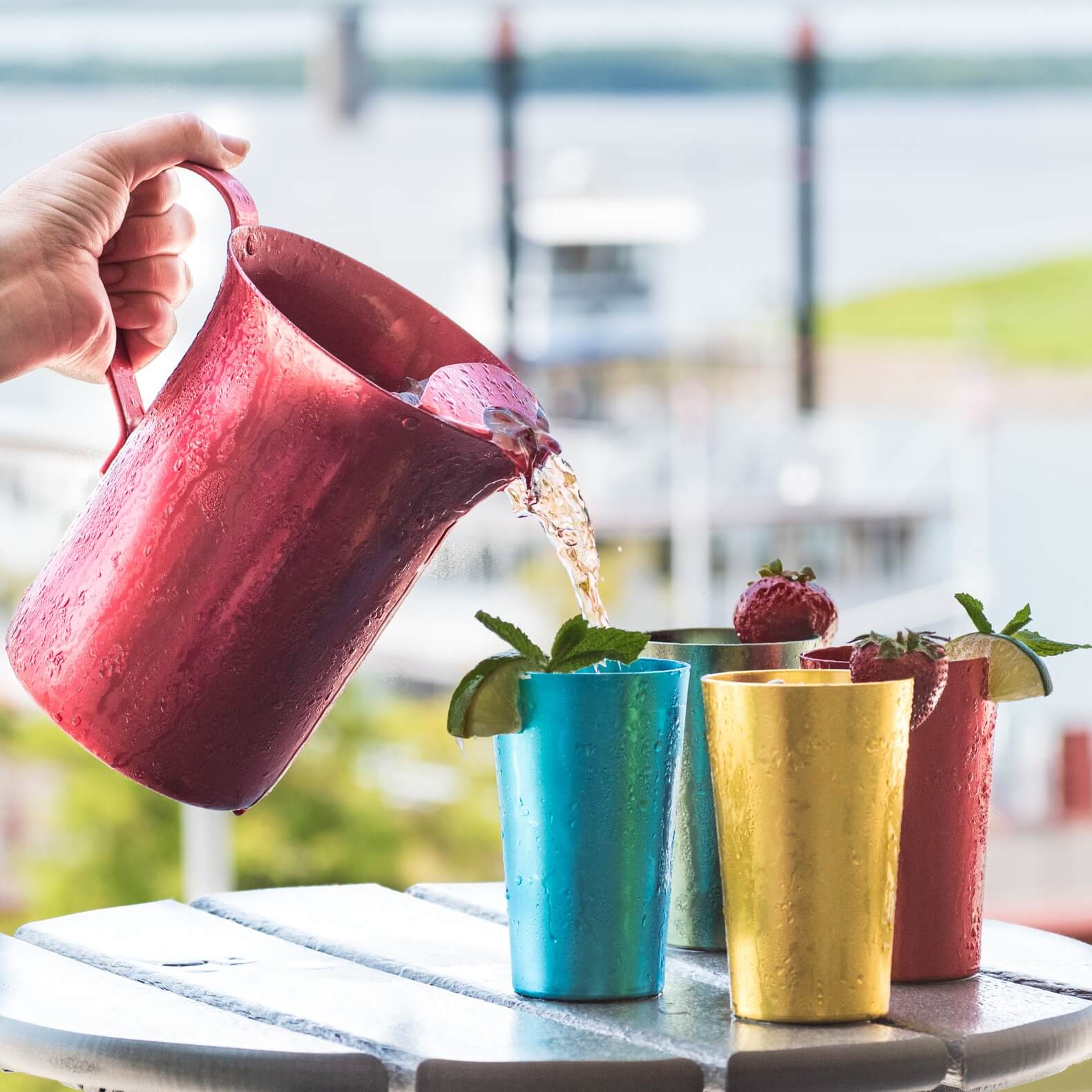 Collectively called the Front Porch Sippers, The Front Porch’s signature cocktails are available by the tumbler or by the pitcher. We love how they are served in vintage anodized aluminum tumblers and pitchers that are not only fun but keep the drinks icy-cold. Image: Majestic Hospitality Group