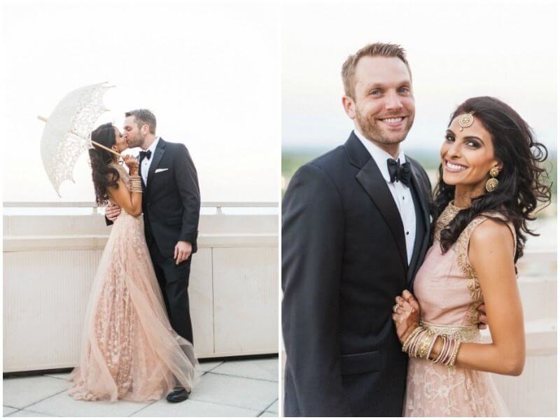 The happy couple stole away for some photos before the reception begins. How gorgeous is this reception gown? The antique gold threadwork on this blush and tulle gown is a perfect call back to the stunning detailing in Susan’s ceremony lengha. The happy couple stole away for some photos before the reception begins. How gorgeous is this reception gown? The antique gold threadwork on this blush and tulle gown is a perfect call back to the stunning detailing in Susan’s ceremony lengha.