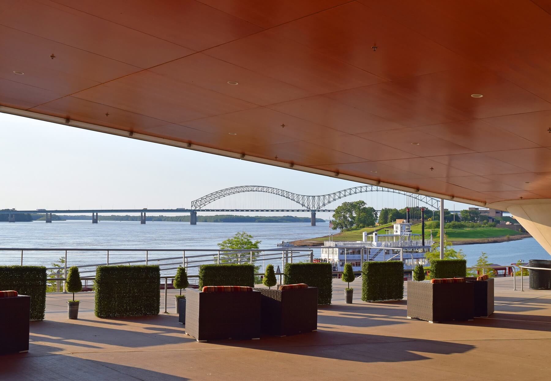 The view of the Mississippi Bridge from The Front Porch’s side patio