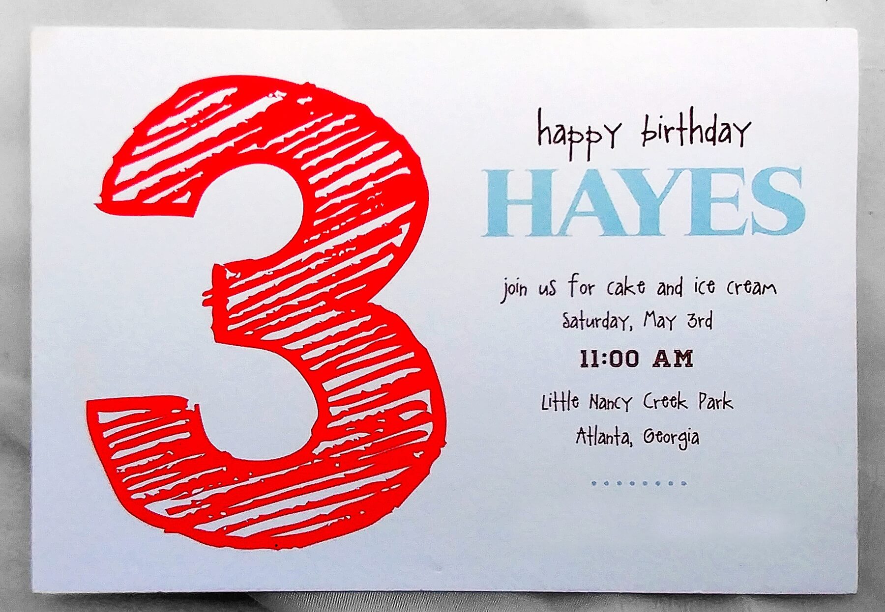 A child's birthday party invitation features an oversized, crayon-esque graphic. stationery