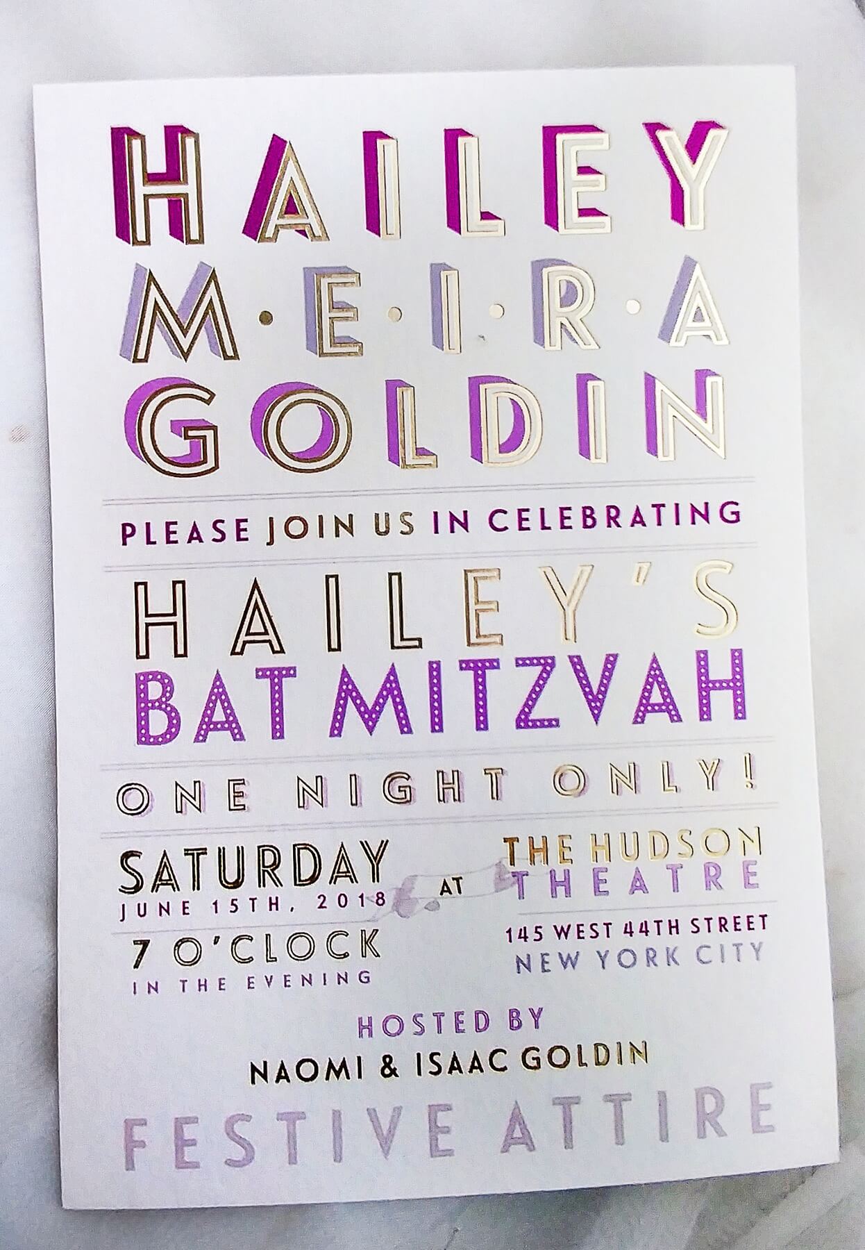 This fabulous bat mitzvah invitation features fun colors, variety in font style and size and gilded accents. stationery