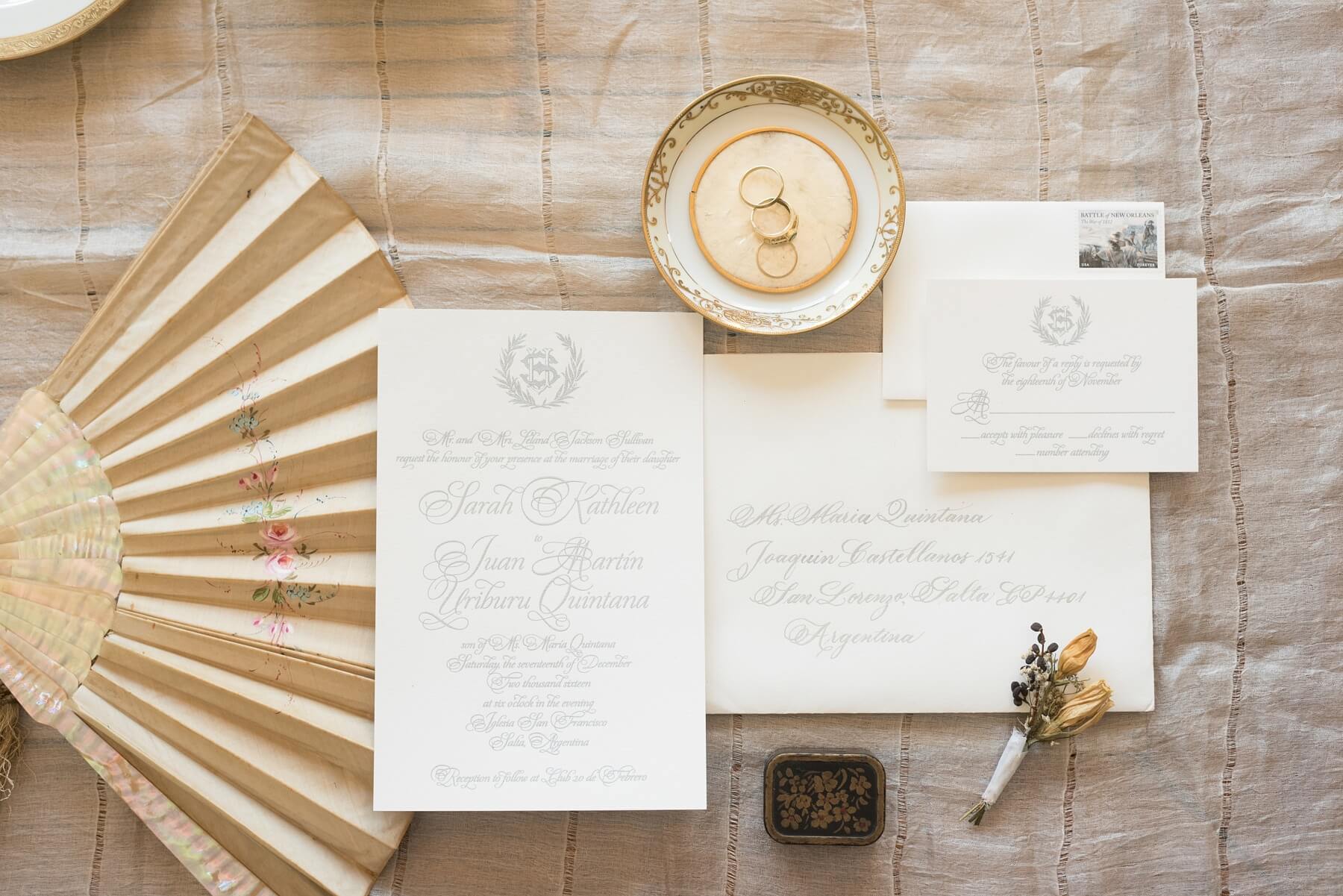 “The calligraphy was made to imitate the Baroque Spanish-style calligraphy called ‘Dulcinea,’ named after a character in Don Quixote,” Sarah Kate says. “Our calligrapher, Deb Warnat, was able to copy the style by hand on the invitations in a beautiful silver.” Argentina Wedding