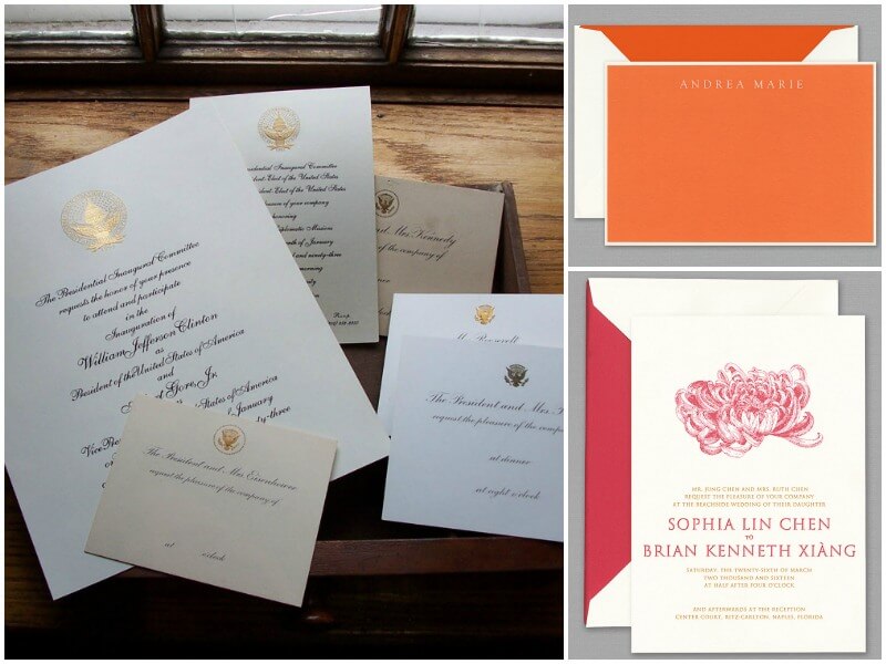 A suite of Presidential stationery at left is stately, elegant and timeless. More modern iterations, at right, clearly incorporate bolder colors, fonts and graphics. Images: Crane & Co. stationery