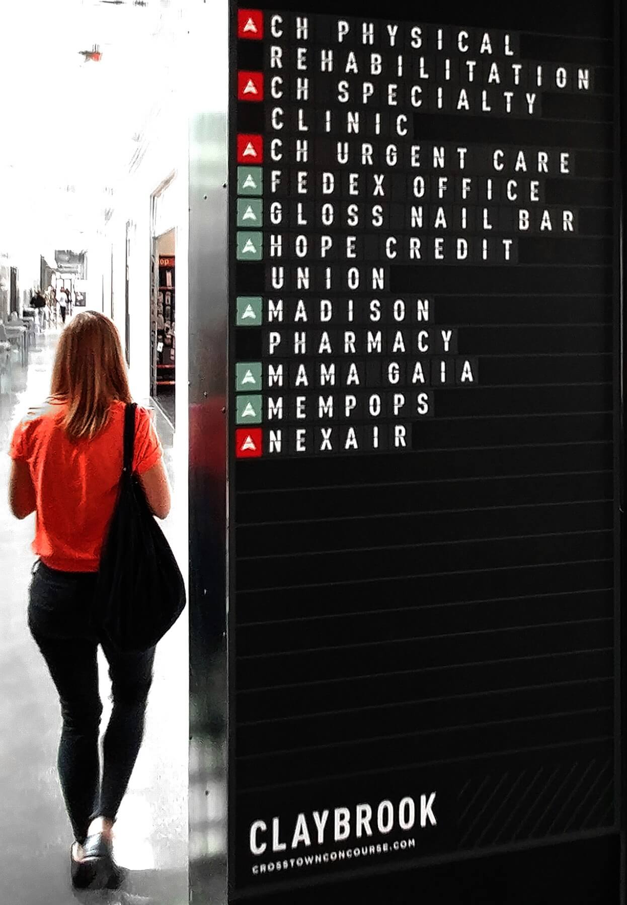 The Claybrook Pass entrance announces all of the business one can expect to encounter in the long corridor. Crosstown Concourse — The Claybrook Pass entrance announces all of the business one can expect to encounter in the long corridor.
