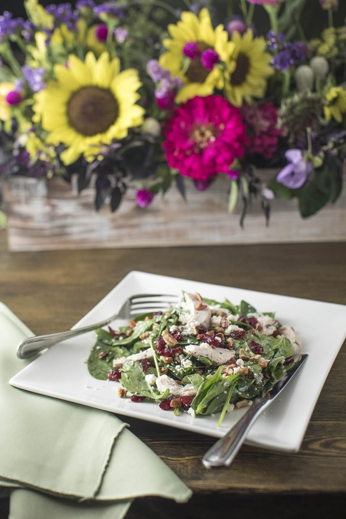 Park + Cherry offers a few fresh salads each day for lunch. The Spinach Salad is composed of baby spinach leaves, roasted chicken, dried cranberries, goat cheese, smoked pecans and balsamic vinaigrette. Park + Cherry