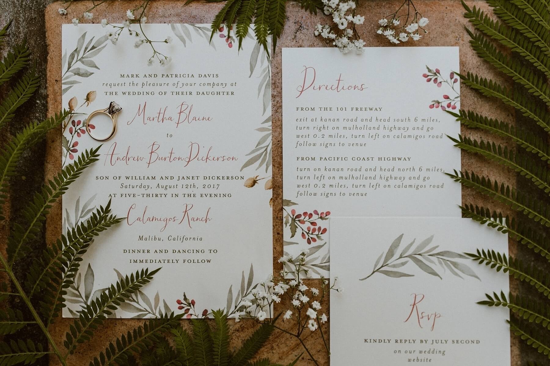 We adore the silvery green watercolor branches and burgundy accents on this invitation suite from Minted. Absolutely perfect for Martha and Andrew’s day!