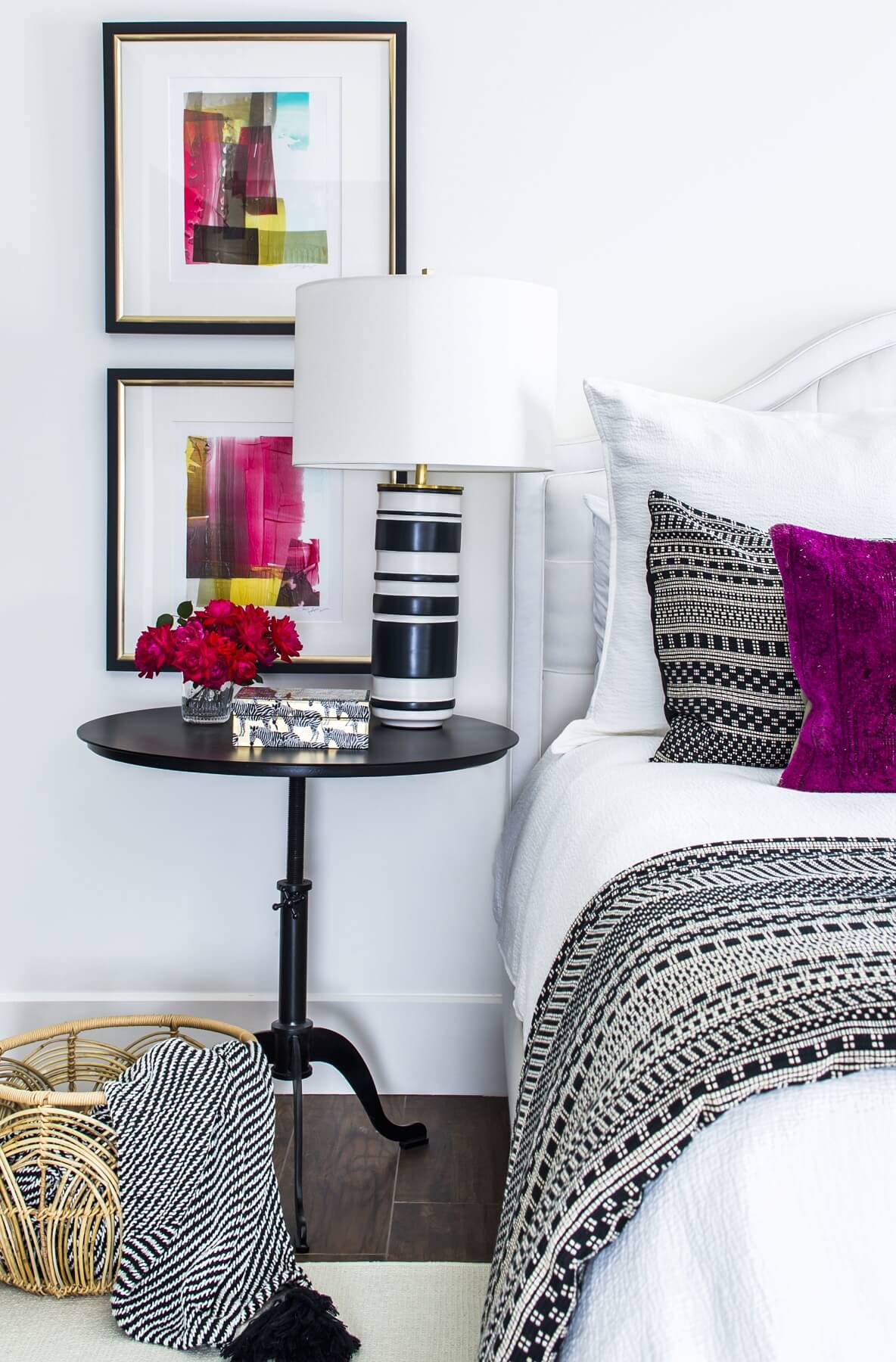 When it made sense, the designer repurposed existing pieces owned by her clients, such as this white upholstered bed covered in a sunbrella.com fabric for durability.