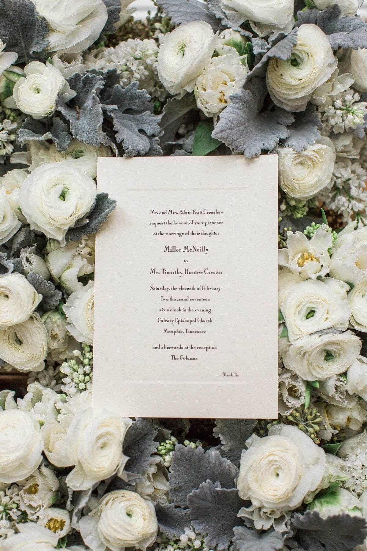 Gardenias, ranunculus, seeded eucalyptus and, in a nod to the bride, dusty miller, make up the gorgeous bouquets that Miller and her bridesmaids carried down the aisle. 