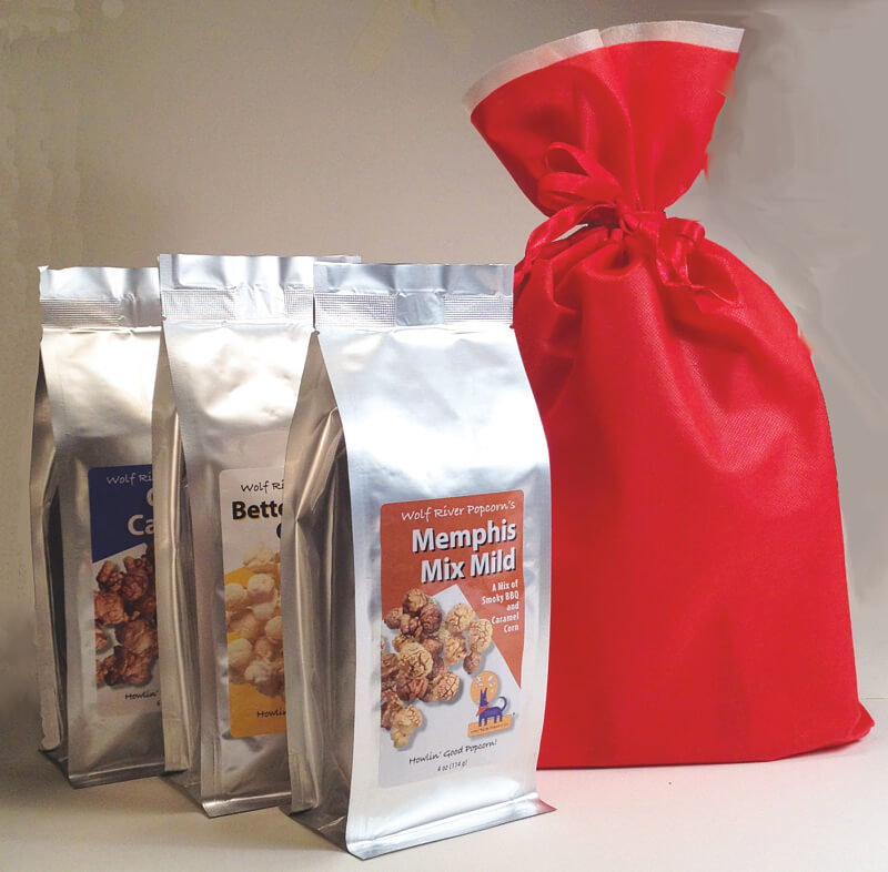 Wolf Rover Popcorn packages their signature popcorns in fun bright silver "coffee bags" that keep the popcorn as fresh as the day it was made. Image: Wolf River Popcorn Memphis made food gifts
