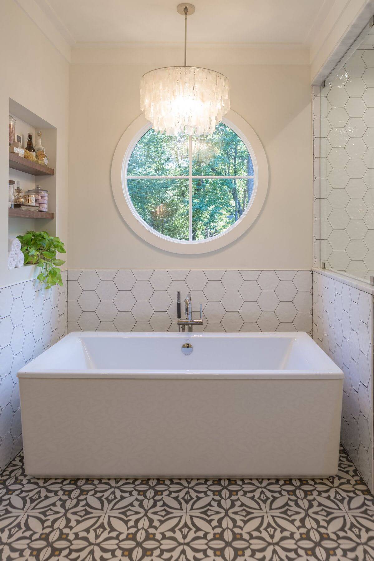While the color scheme may be subtle, there is nothing subtle about the use of pattern in this magnificent master bath! Image: Stefanie Rawlinson While the color scheme may be subtle, there is nothing subtle about the use of pattern in this magnificent master bath! Image: Stefanie Rawlinson
