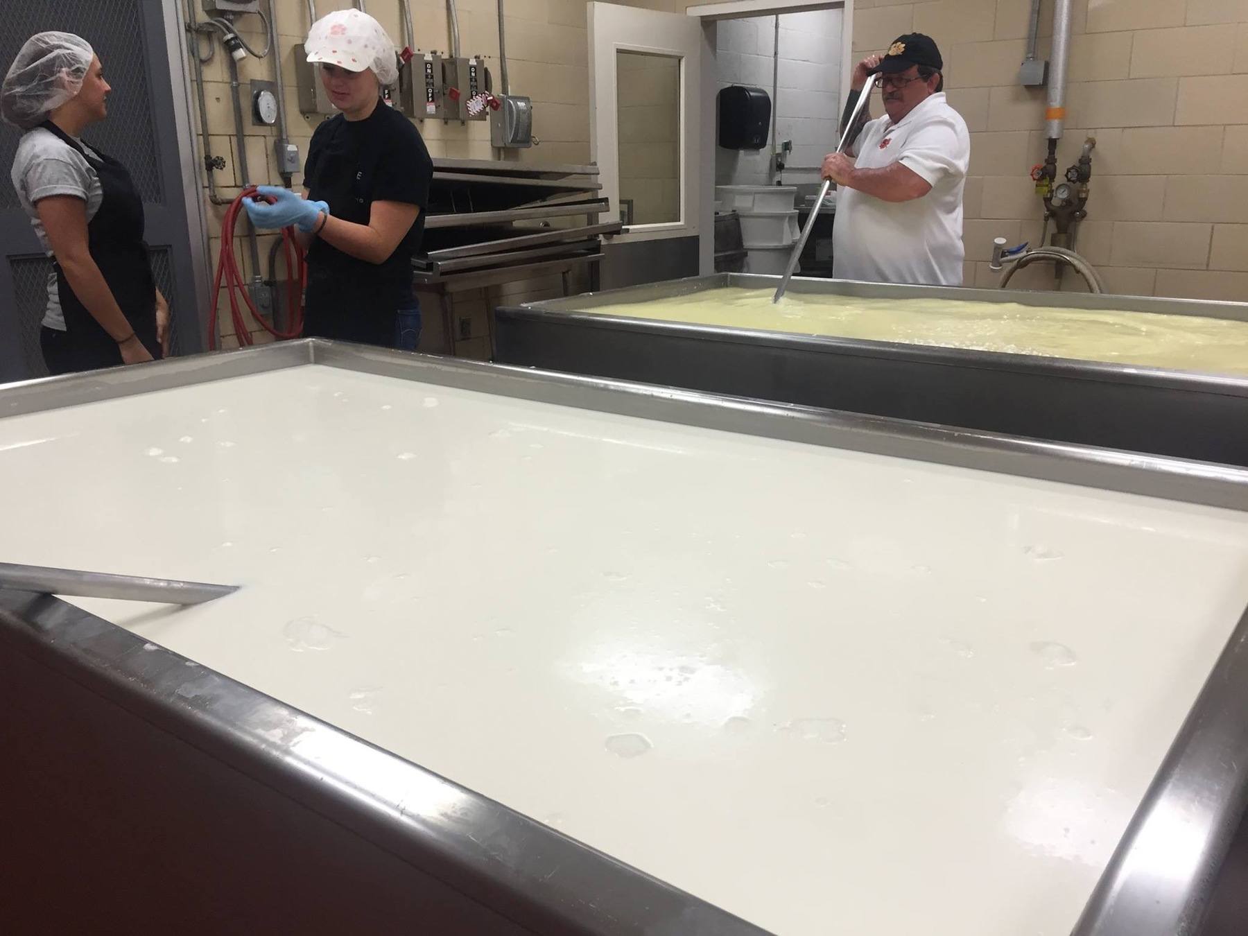 Workers are shown mixing the blue cheese in massive vats. Image: Clemson University