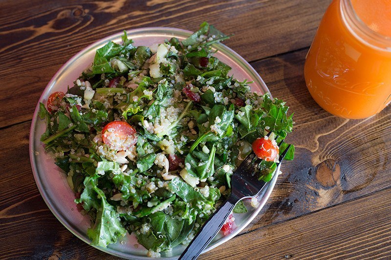 A delectable quinoa salad and a cold-pressed juice