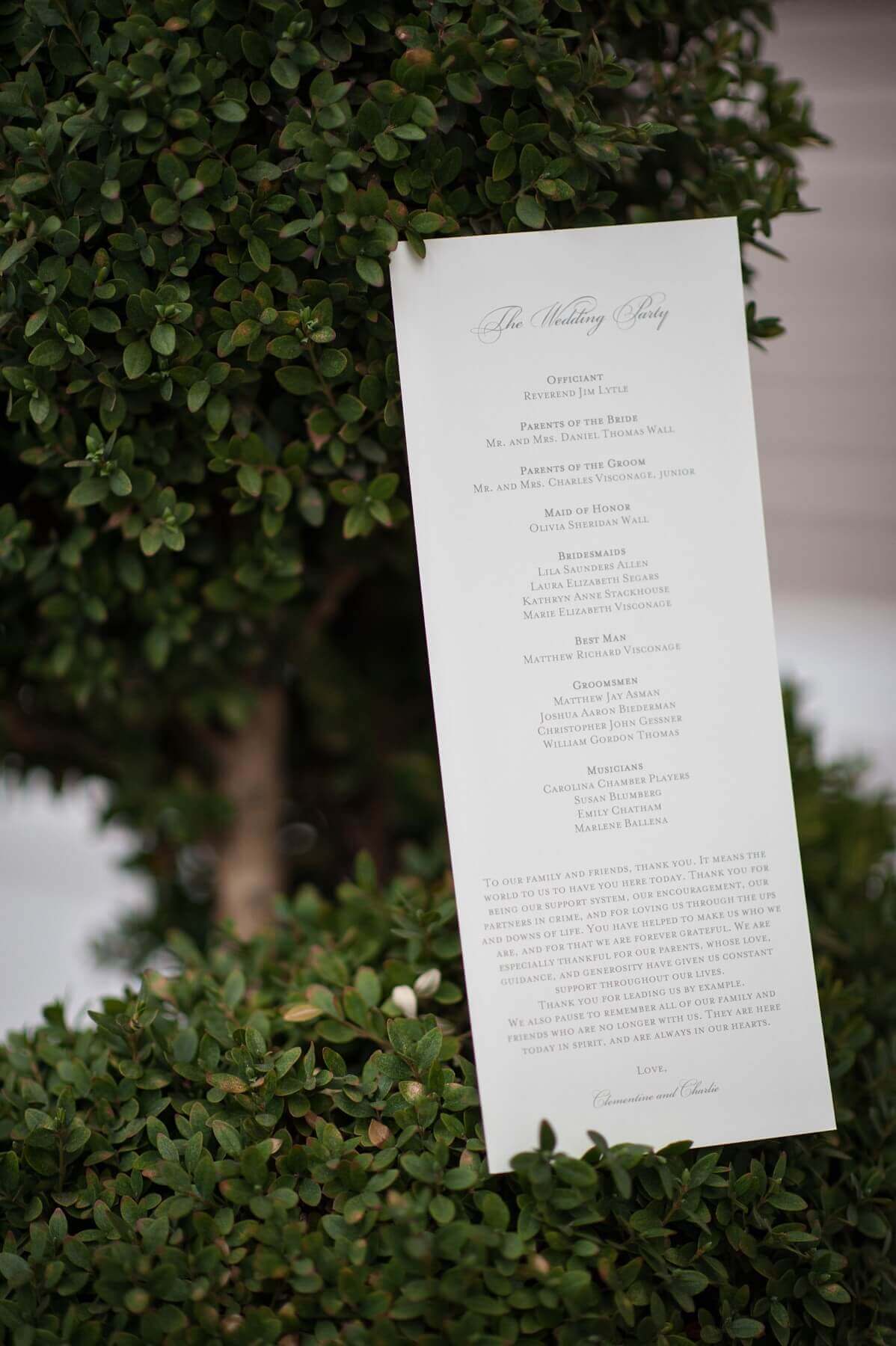 Thoughtful touches abound, such as the note the Clem and Charlie wrote for their programs thanking their loved ones for attending and for their support. Thoughtful touches abound, such as the note the Clem and Charlie wrote for their programs thanking their loved ones for attending and for their support.