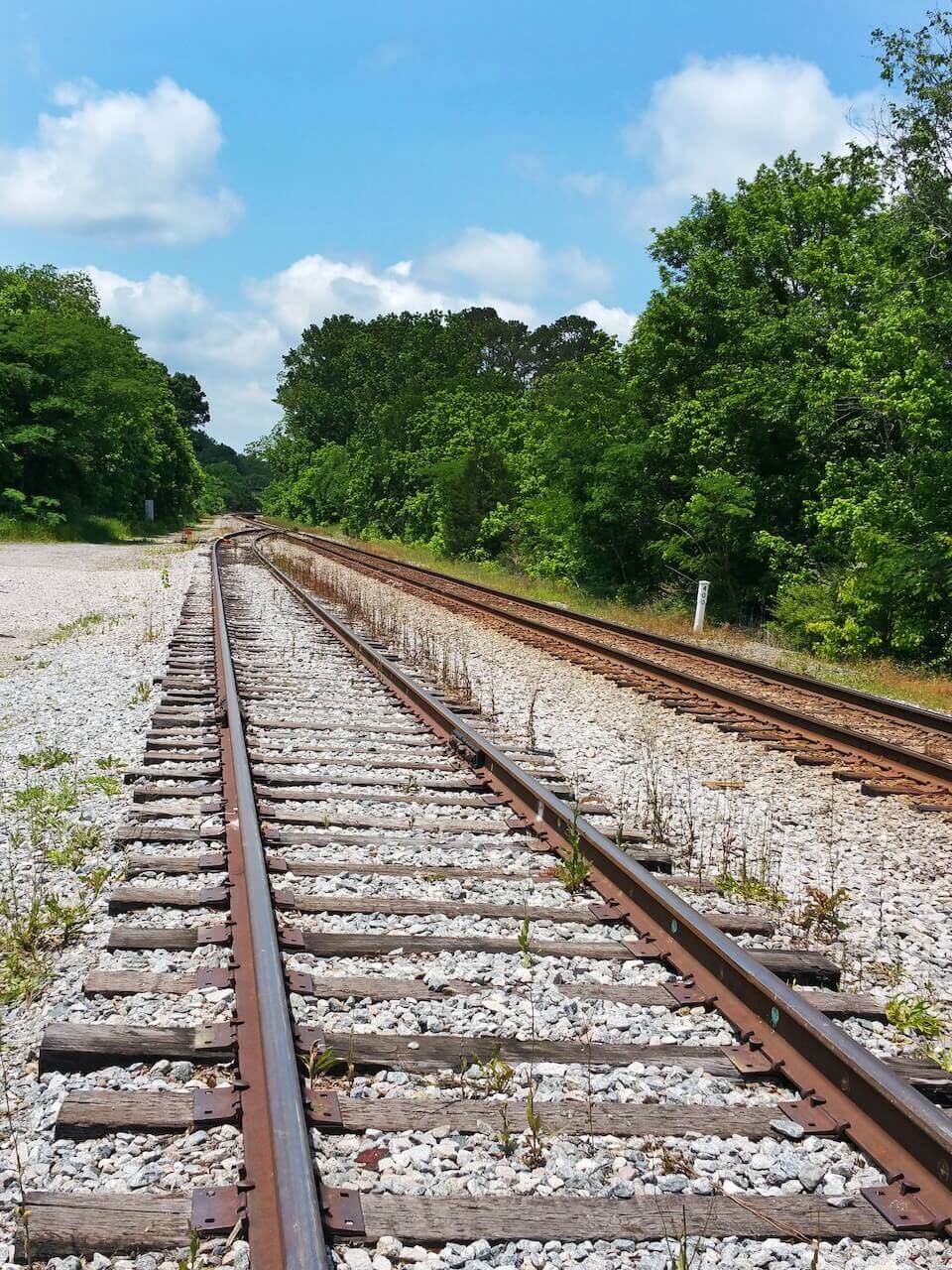 A view of the railroad tracks underneath a blue sky