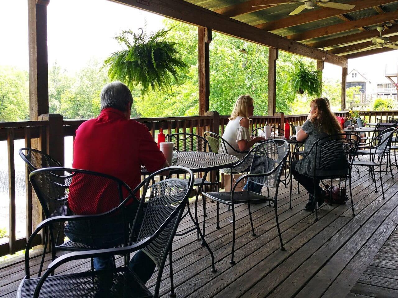 The patio at The Depot overlooks the Buck Creek falls.