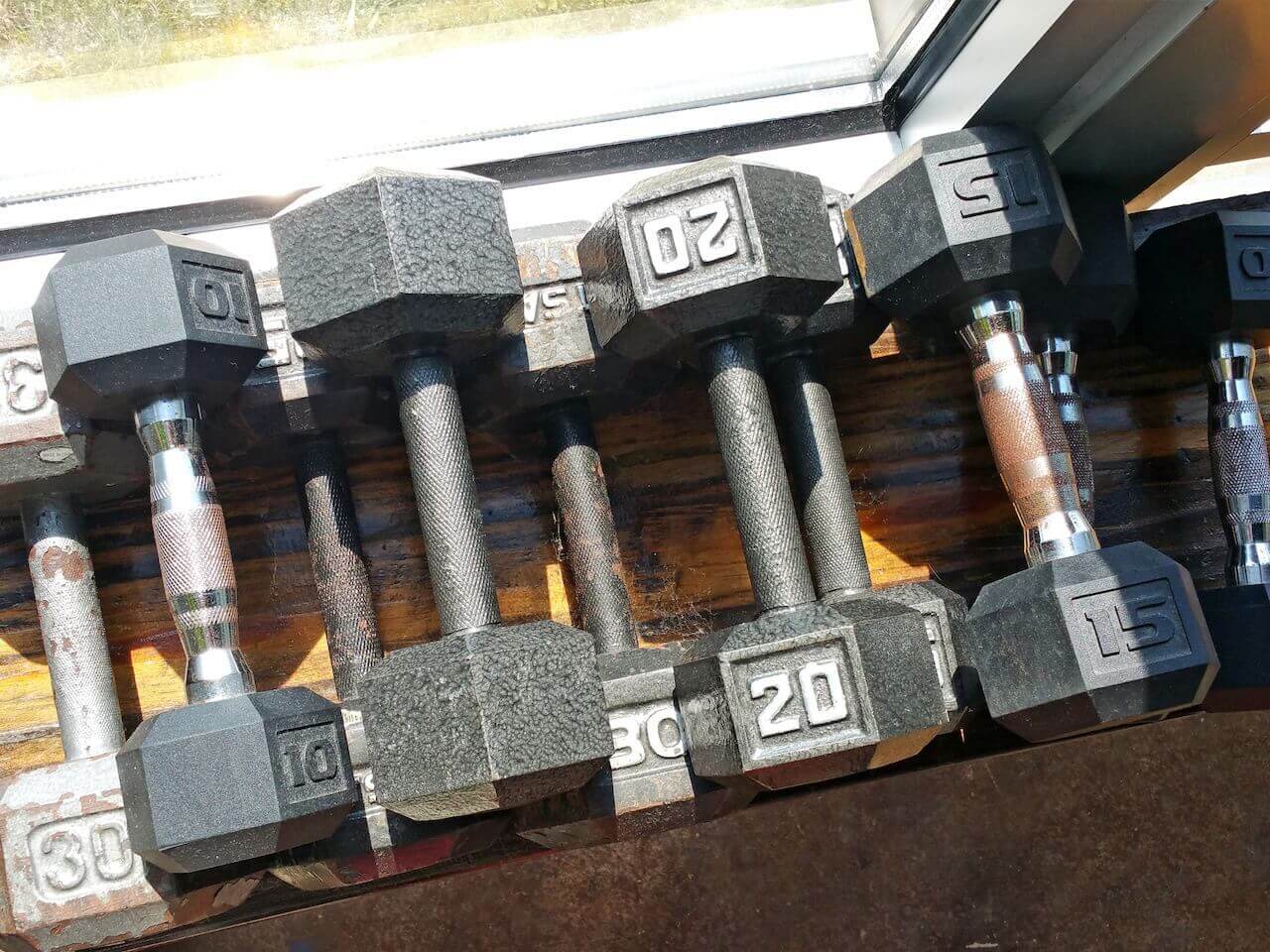 Weights sunbathe in the window of The Yoga Circle's sunroom studio.